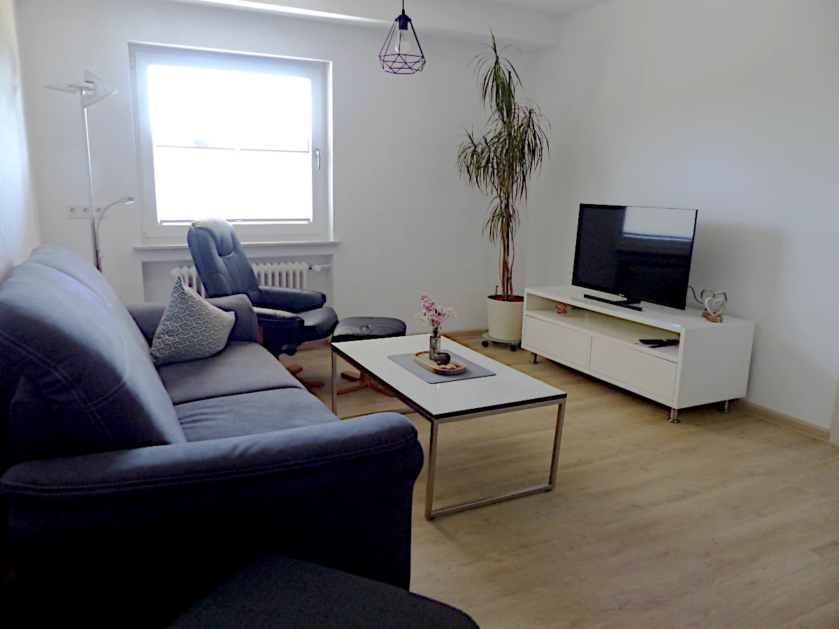 Wohnzimmer mit Sofa und Hocker